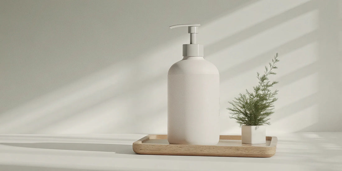 A commercial hand soap refill bottle with a pump.