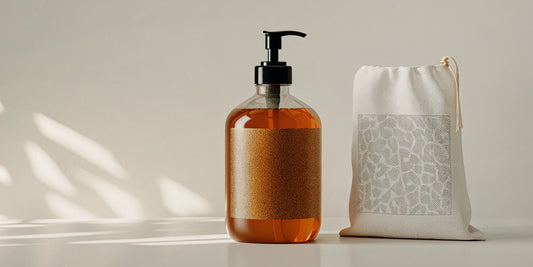 A commercial soap refill pouch next to a soap dispenser.