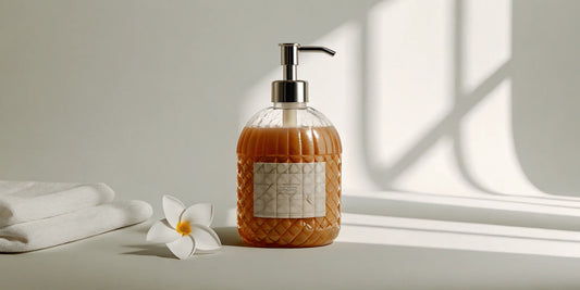 A clear pump bottle of jasmine hand soap, refilled and ready to use.