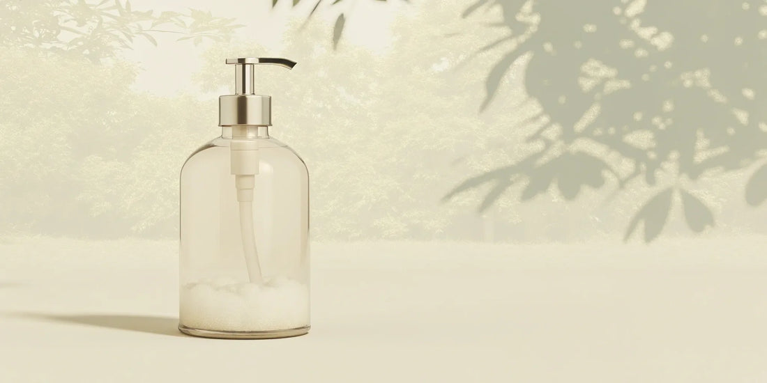 A reusable glass dispenser for hand soap with a liquid soap refill.