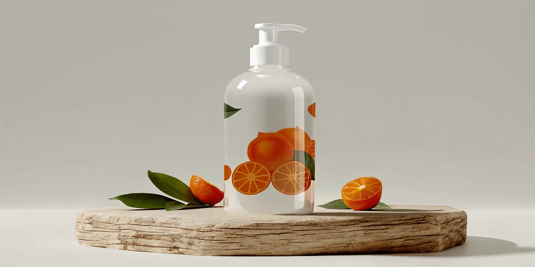 Mandarin hand soap refill in a clear bottle with fresh citrus on a wooden tray.