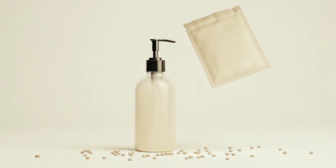 Eco-friendly kitchen hand soap refill pouch and dispenser.