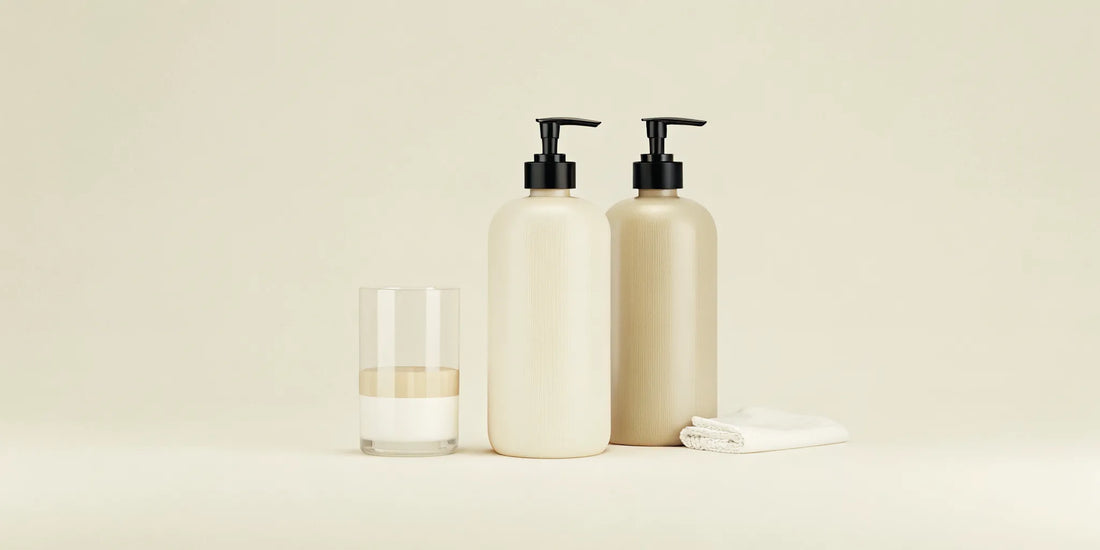A selection of reusable body wash bottles with pumps for a zero-waste bathroom.