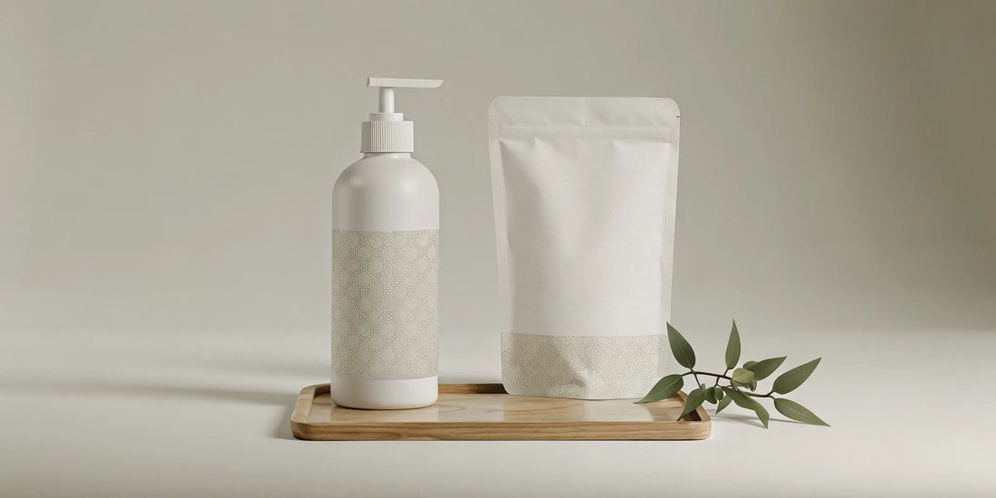Luxury vegan body wash bottle with kraft-paper refill pouch on bamboo tray, minimalist bathroom, soft natural light
