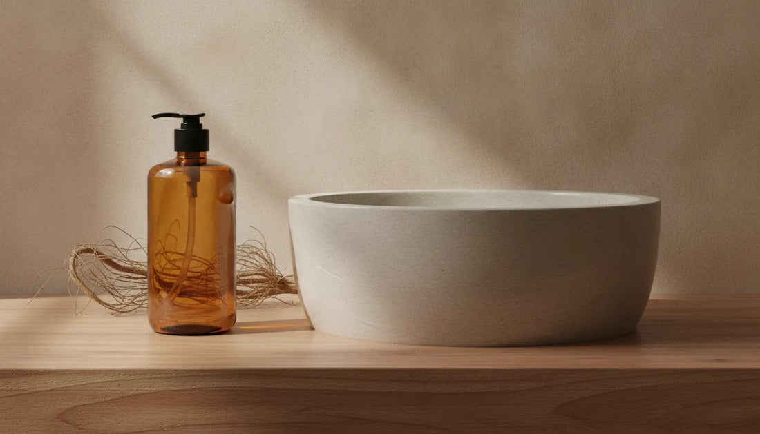 Vetiver sandalwood hand soap beside a stone basin in a refined powder room