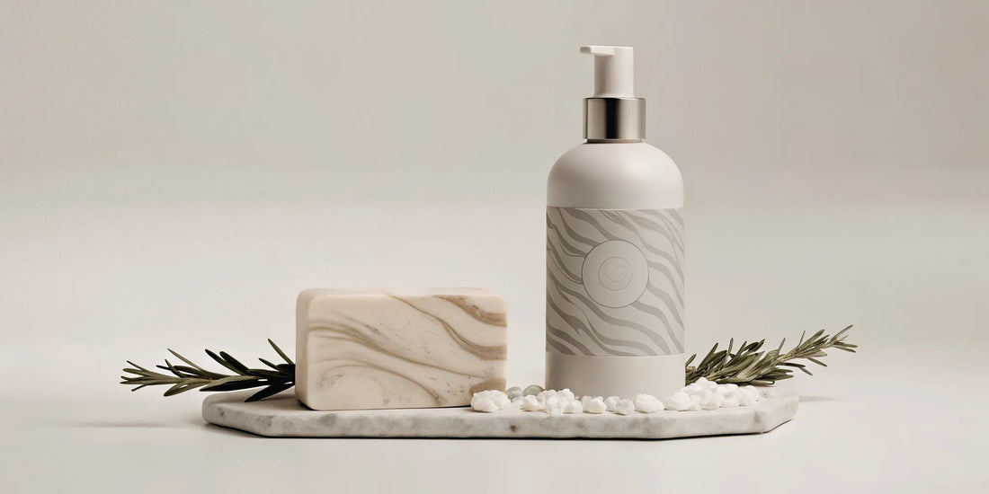 Coastal sage soap bar and body wash displayed on a marble tray with fresh sage.