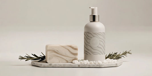 Coastal sage soap bar and body wash displayed on a marble tray with fresh sage.