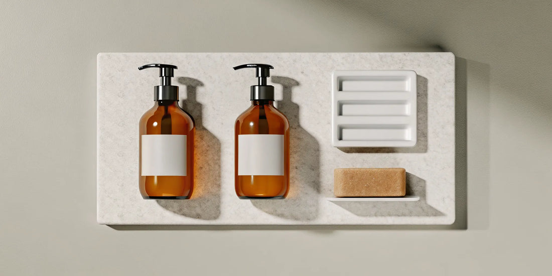 Less waste hand soap options including a solid bar of soap and a reusable glass pump bottle.