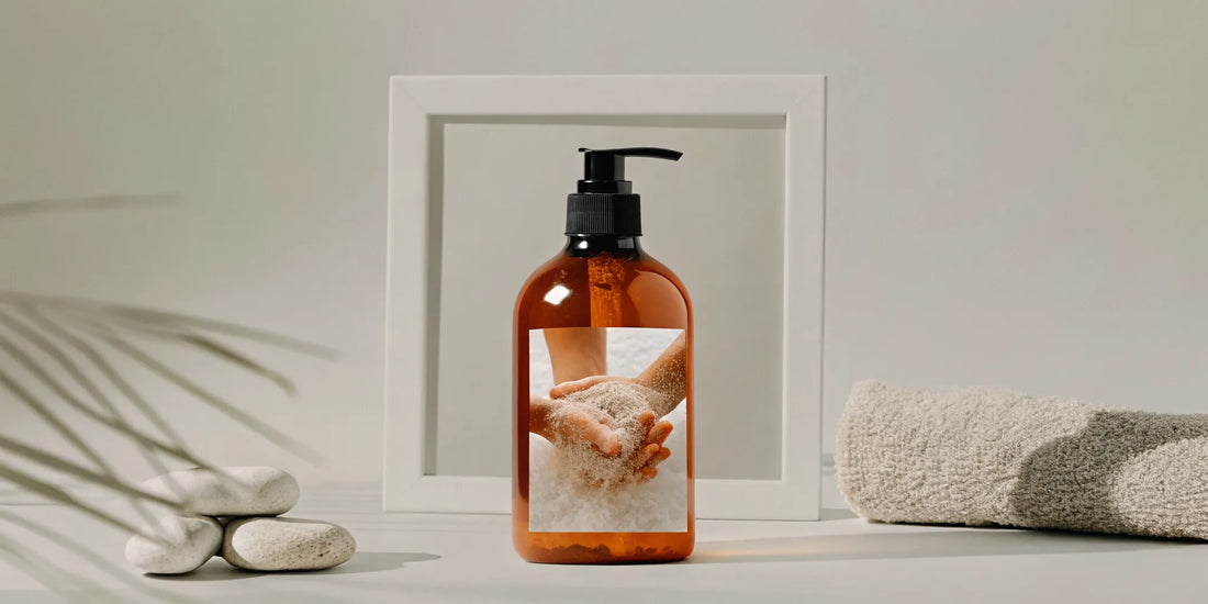 Hands being washed with amber exfoliating hand soap in a minimalist bathroom