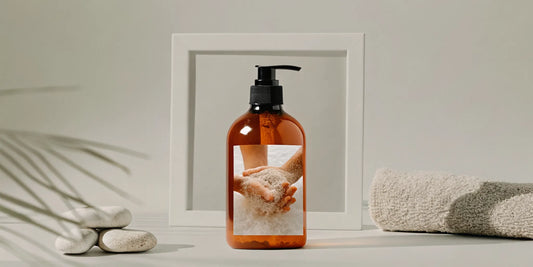 Hands being washed with amber exfoliating hand soap in a minimalist bathroom