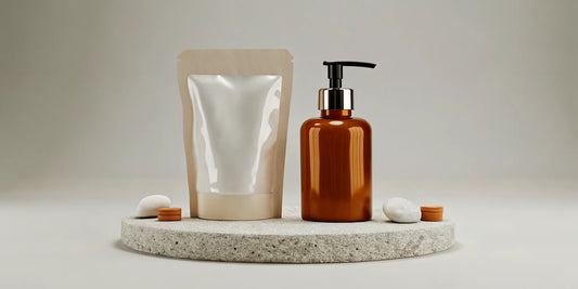 A soap refill pouch next to a glass dispenser, a simple way to reduce plastic waste.