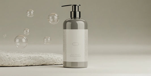 Apothecary hand wash in a refillable pump bottle on a stone surface with bubbles.
