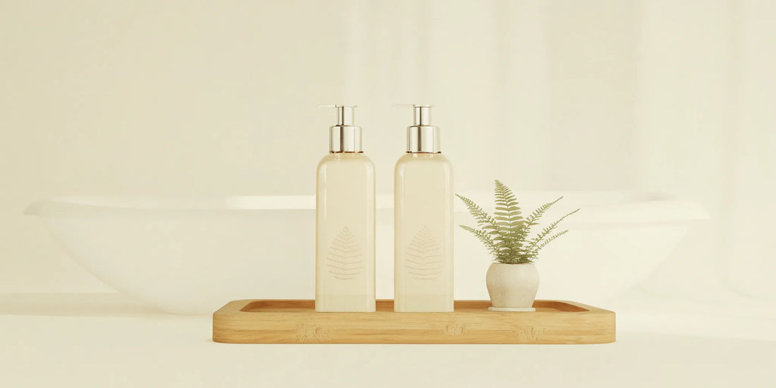 Eco friendly body wash refills in bottles on a bamboo tray next to a small plant.