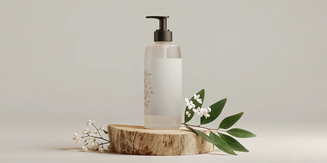 A sustainable hand soap refill in a reusable dispenser with green leaves and flowers.