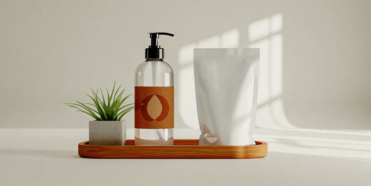 A bulk body wash refill system with a pouch and dispenser to reduce bathroom plastic waste.