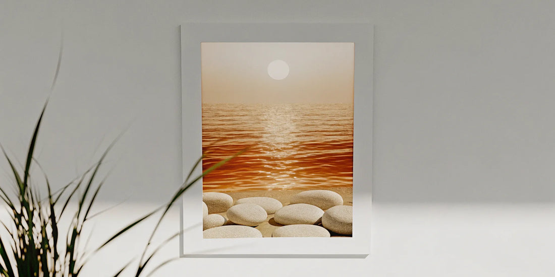 Framed coastal sunset art with smooth stones for a coastal sage hand soap refill.