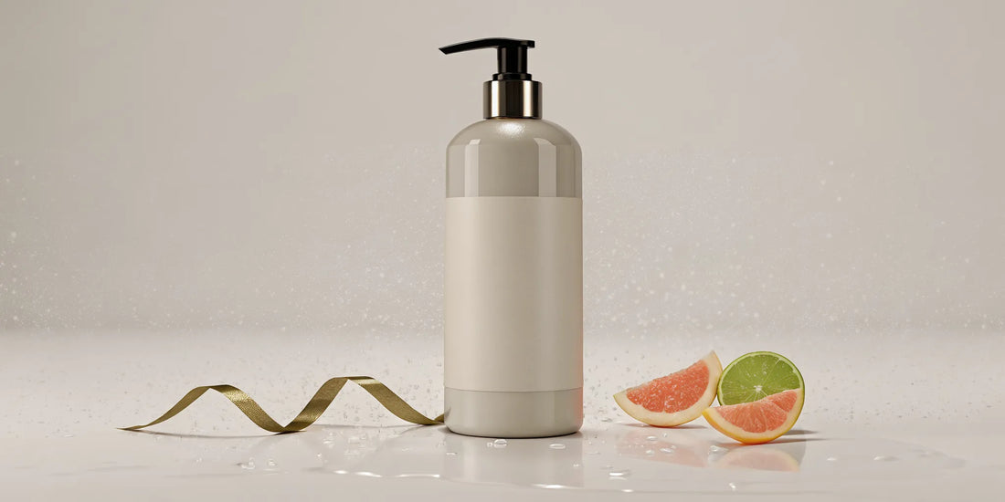 Bottle of natural citrus shower gel with fresh grapefruit and lime.