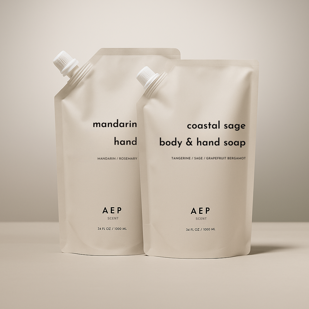 AEP Scent Mandarin Zest hand soap and Coastal Sage body and hand soap refill pouches displayed together on a beige background, showcasing the 2-pack bundle of premium, eco-friendly refills.