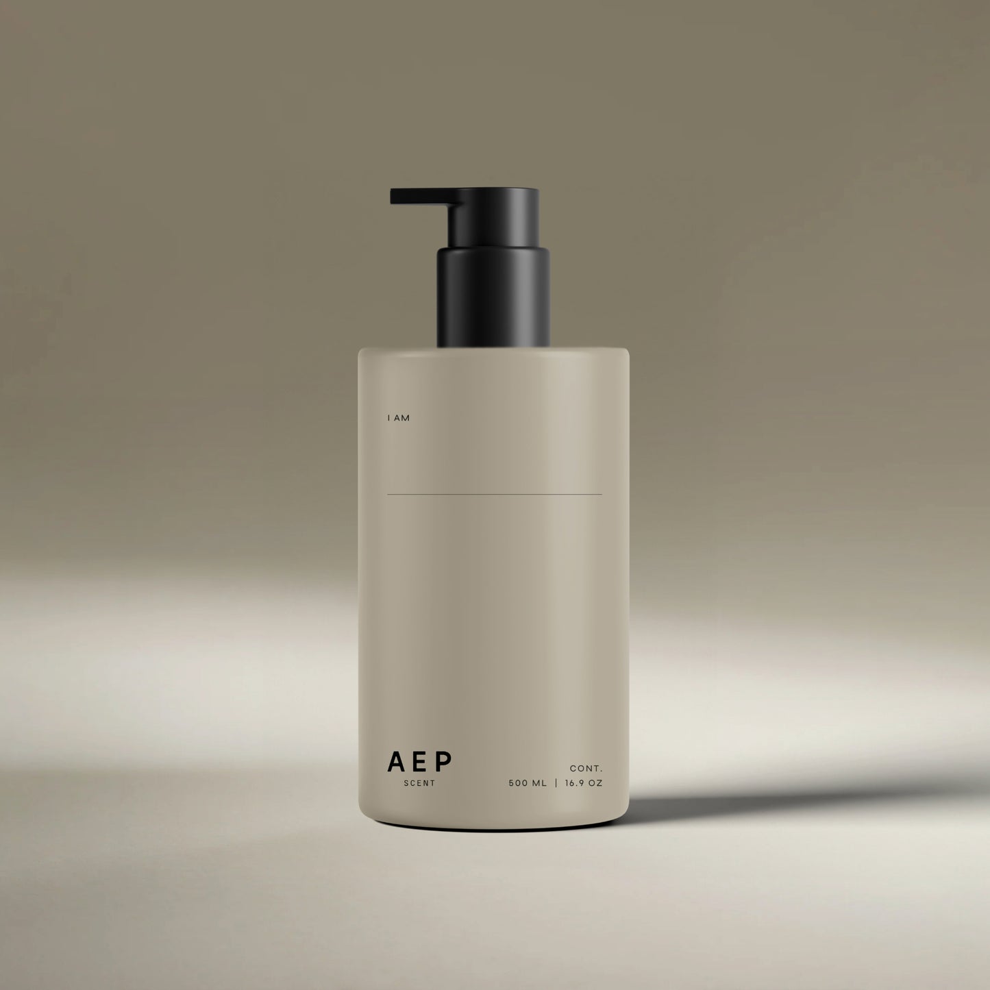 AEP Scent reusable lotion and soap dispenser bottle in matte beige with black pump, minimalist design for premium refill use, photographed on a neutral background.