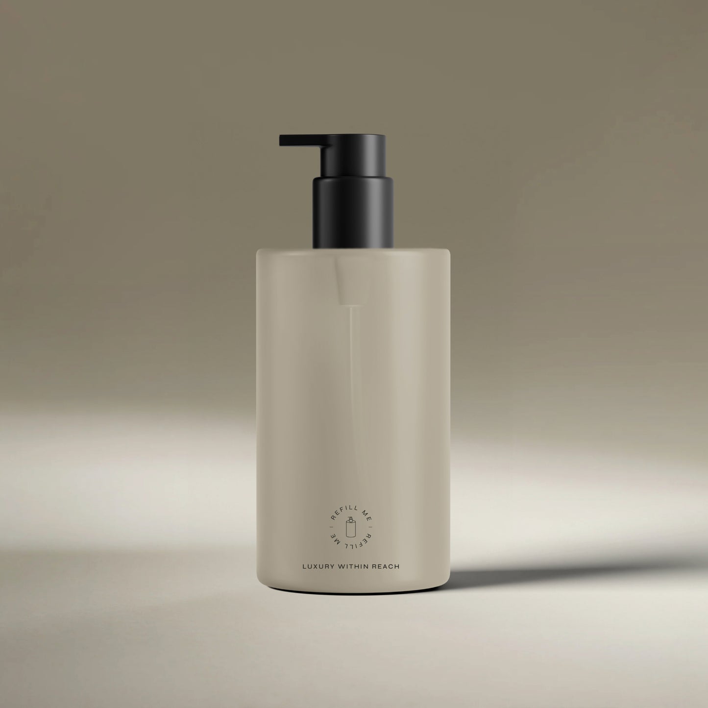 AEP Scent reusable, transluscent soap dispenser bottle in matte beige with black pump, minimalist design for premium refill use, photographed on a neutral background.