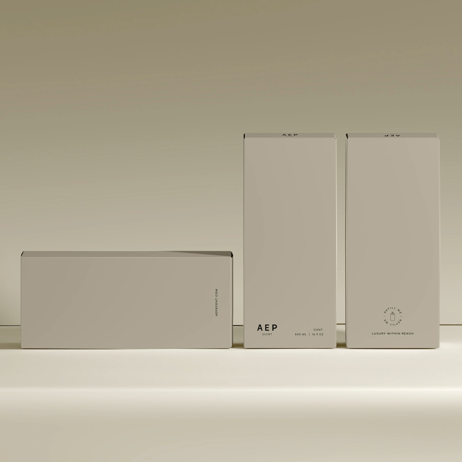 Minimalist beige packaging boxes for AEP Scent reusable lotion and soap bottles, showcasing premium eco-friendly design with subtle branding and clean lines.