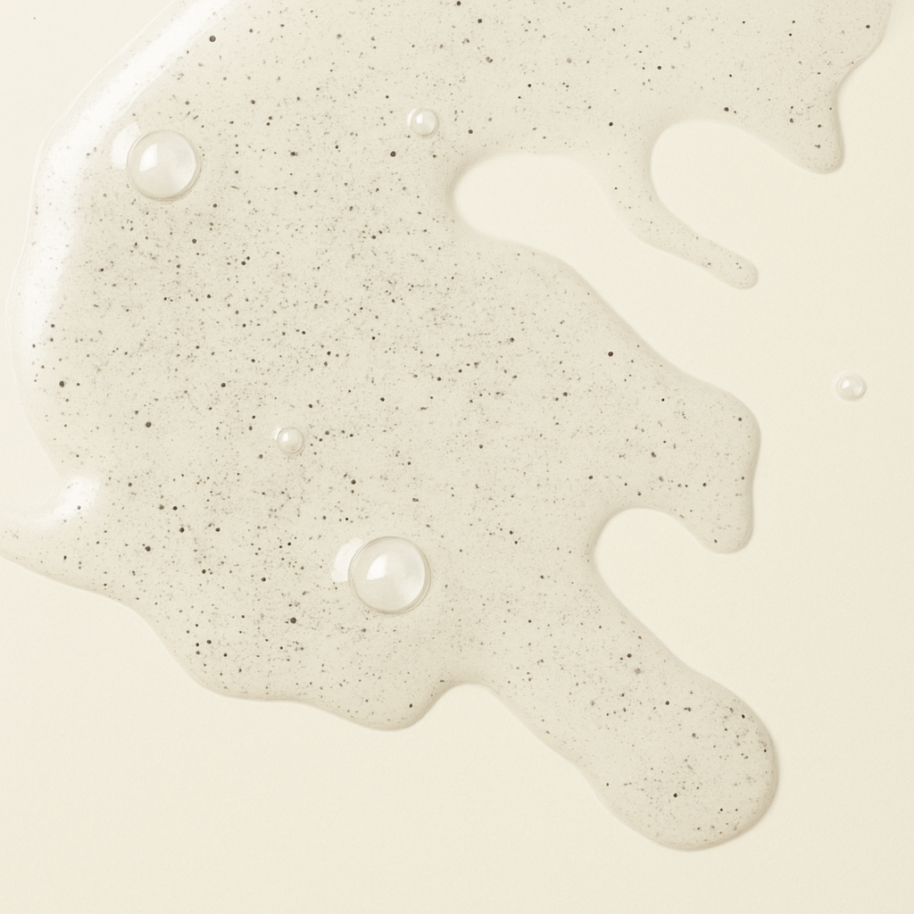 Close up of AEP Scent Terra hand soap texture showing an exfoliating hand soap on a beige background, highlighting the product's natural and sophisticated formula.   