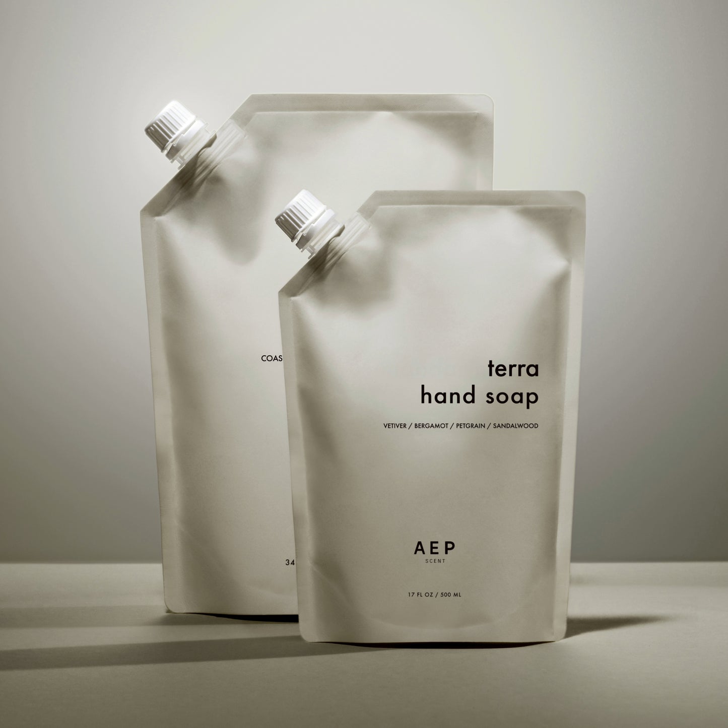 AEP Scent Terra hand soap and Coastal Sage body and hand soap refill pouches displayed together on a beige background, showcasing the 2-pack bundle of premium, eco-friendly refills.