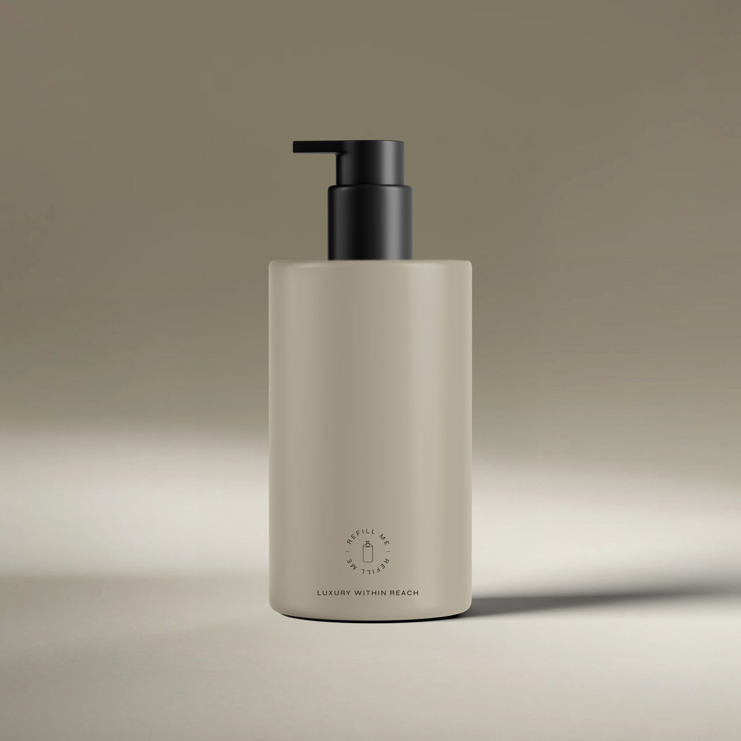 AEP Scent reusable lotion and soap dispenser bottle in matte beige with black pump, minimalist design for premium refill use, photographed on a neutral background.