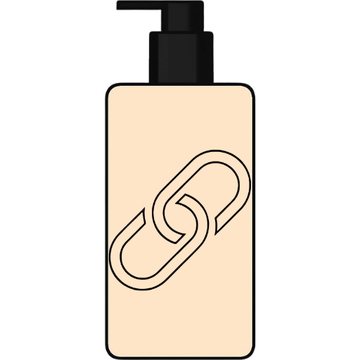 Beige bottle with black pump and chain logo on a white background