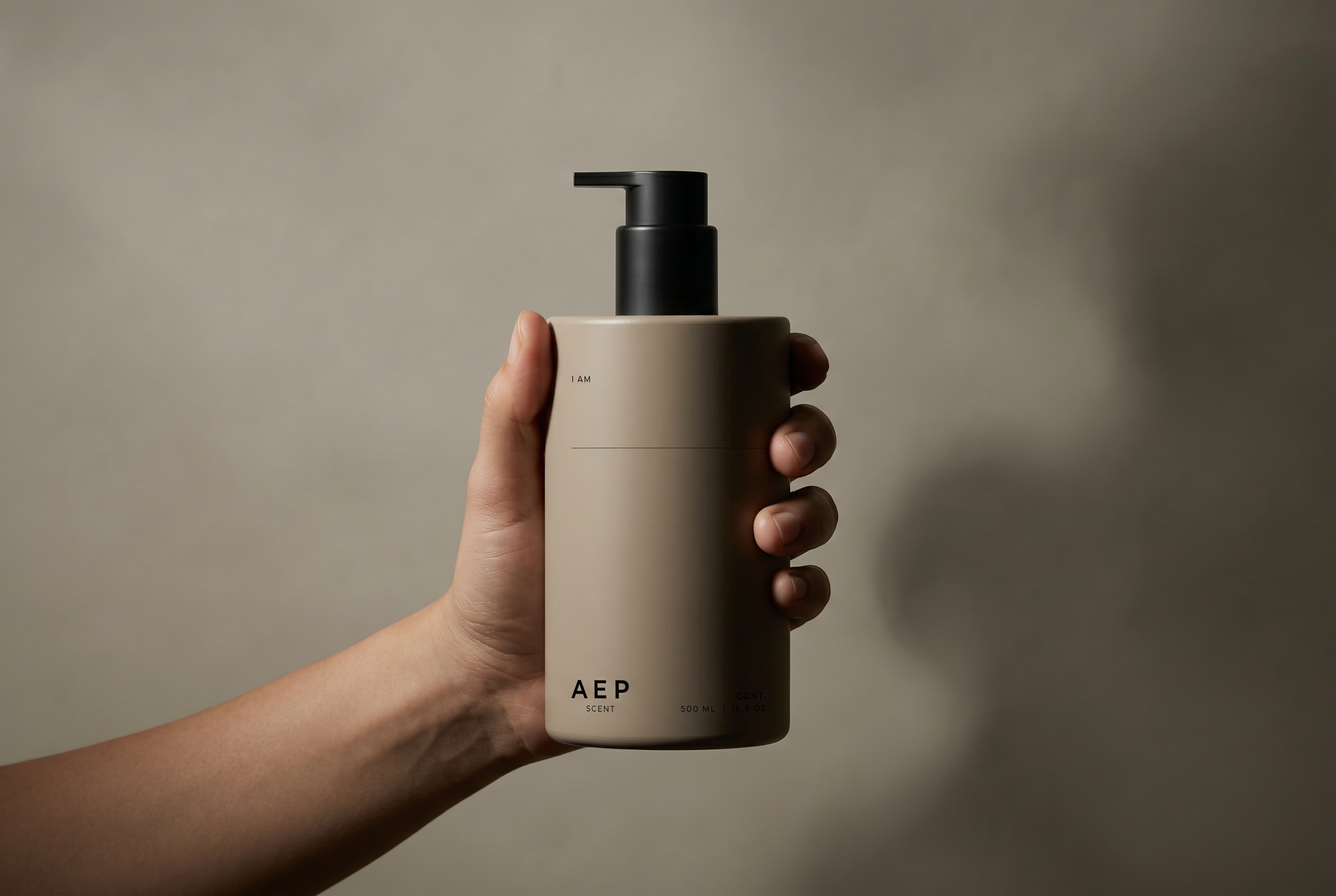 Hand holding a beige bottle with a black pump labeled 'AEP' against a neutral background
