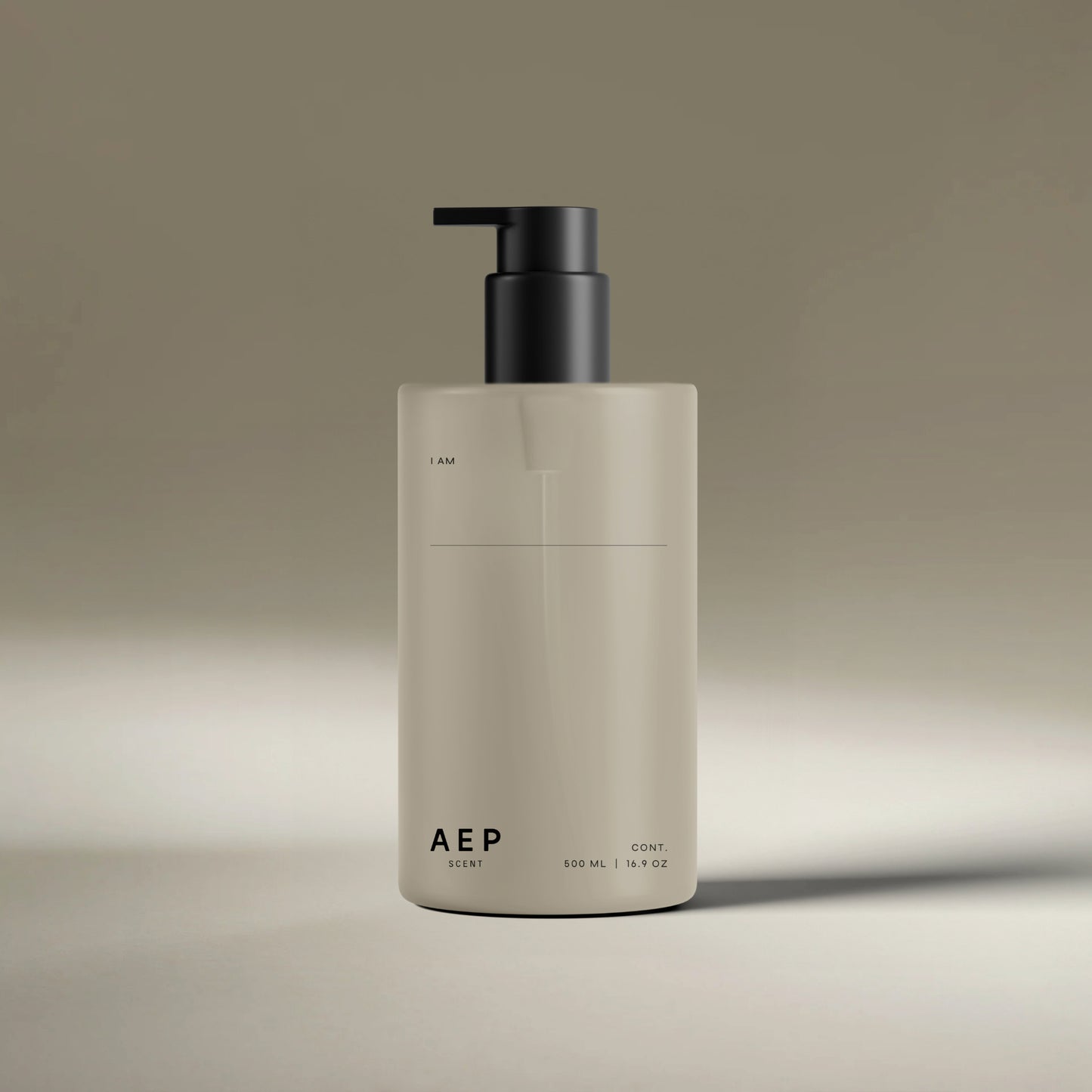 AEP Scent reusable, transluscent soap dispenser bottle in matte beige with black pump, minimalist design for premium refill use, photographed on a neutral background.