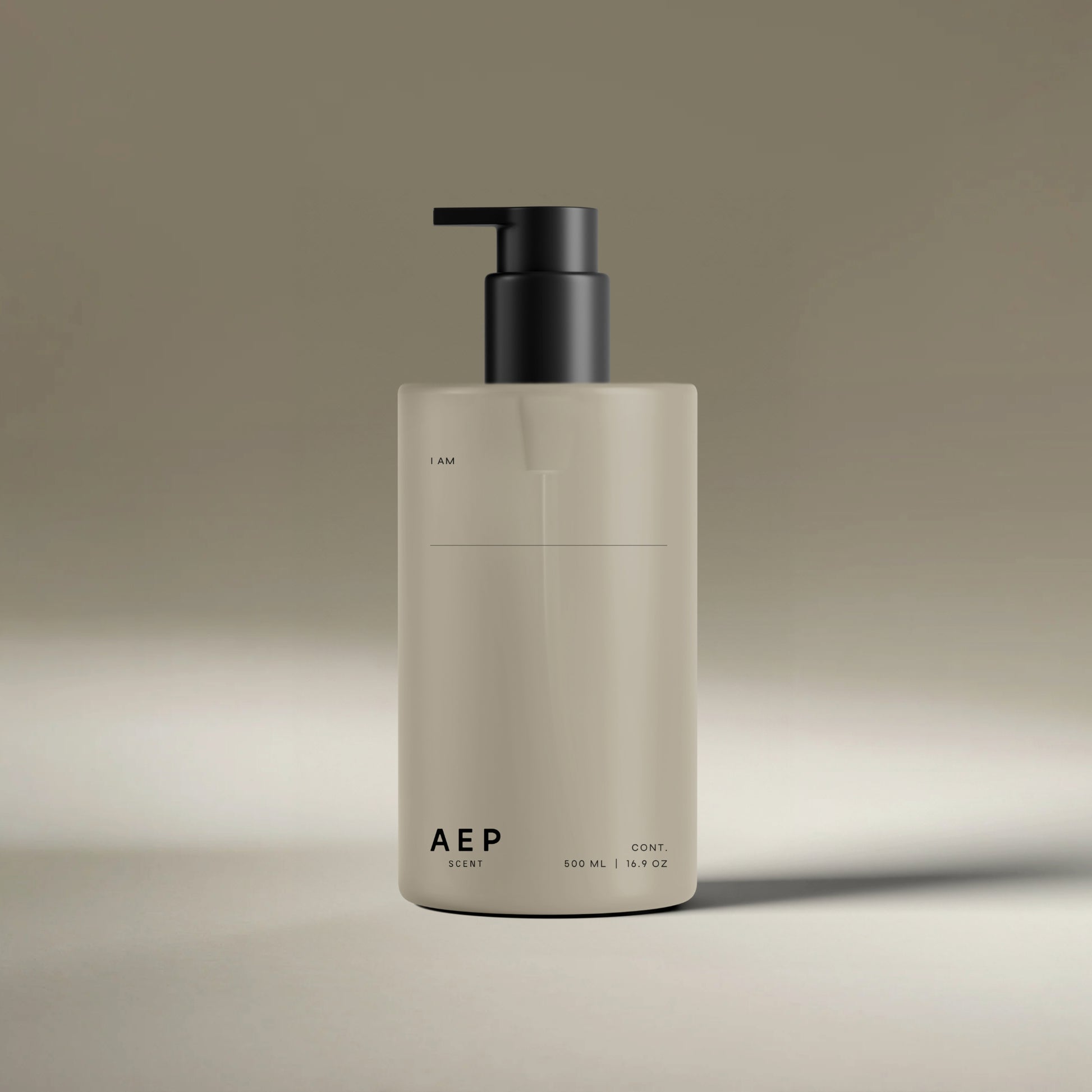 AEP Scent reusable, transluscent soap dispenser bottle in matte beige with black pump, minimalist design for premium refill use, photographed on a neutral background.