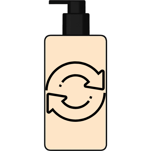 Beige bottle with black pump and circular arrow design on a white background