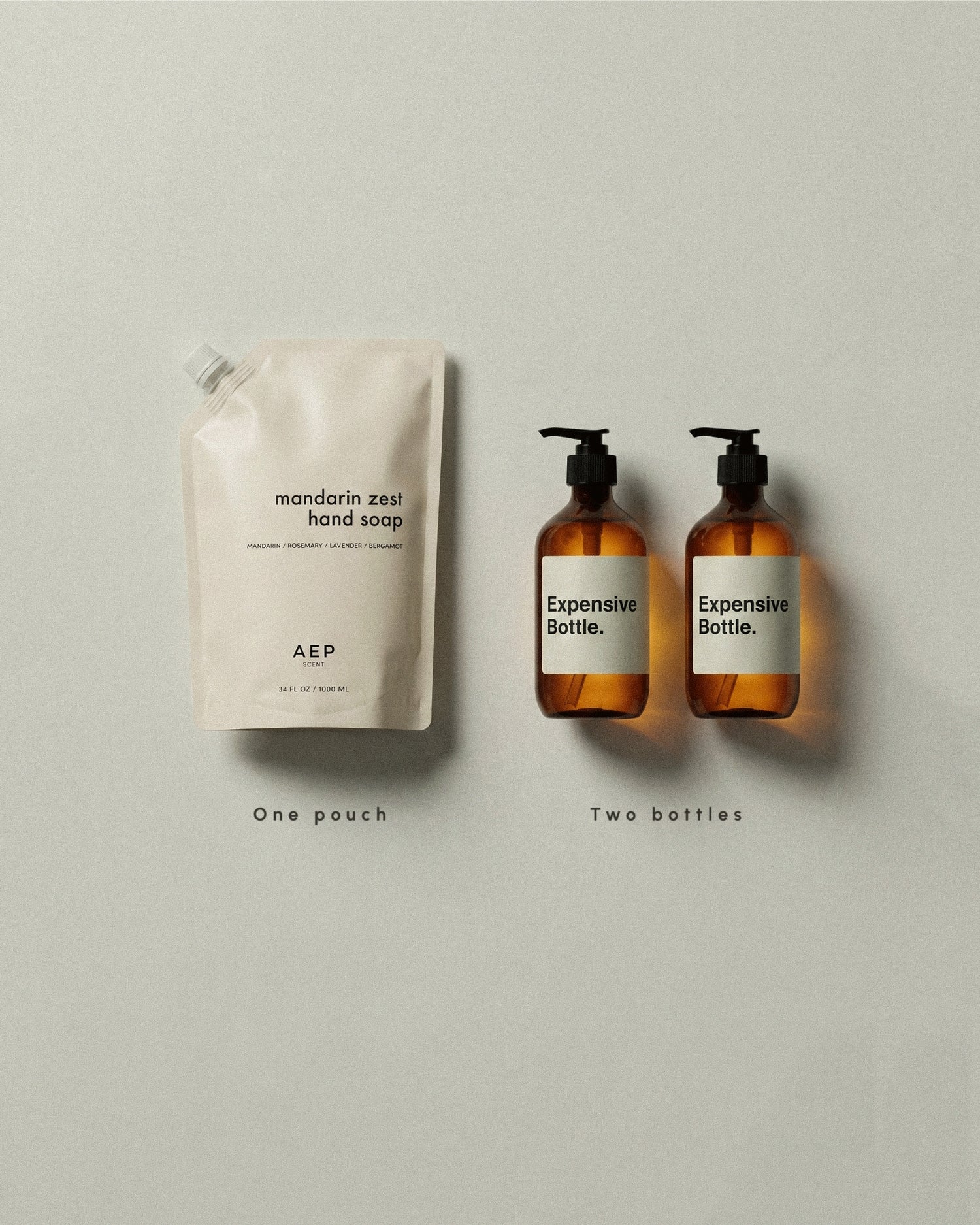 Hand soap packaging comparison with a pouch and two bottles labeled 'Expensive Bottle.' on a neutral background.